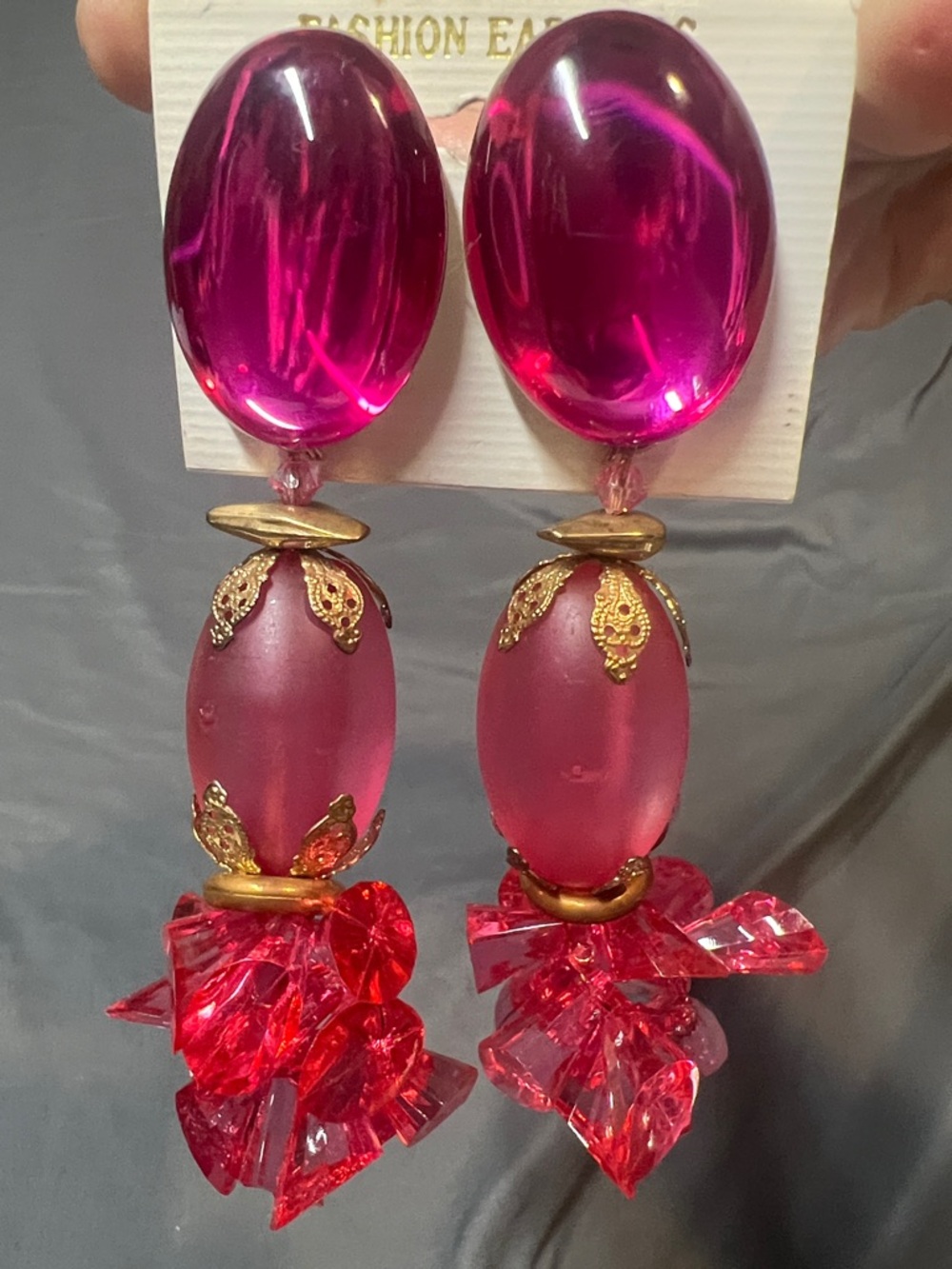 Bold vintage clip on Pink Crystal Drop Statement Earrings